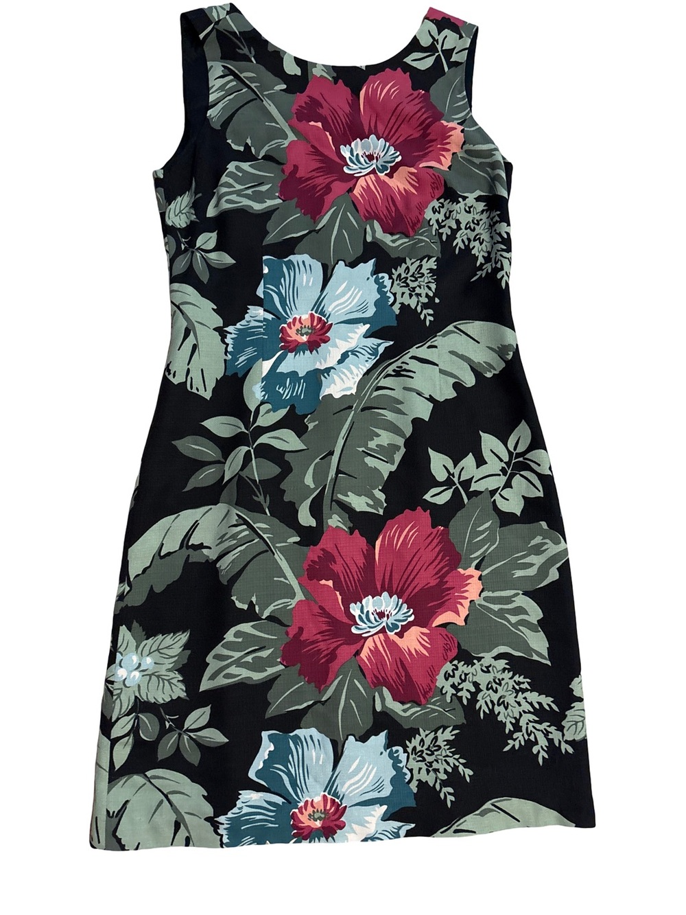 Tommy Bahama Black Midi Dress with Red & Blue Floral Print-100% Silk(shell)